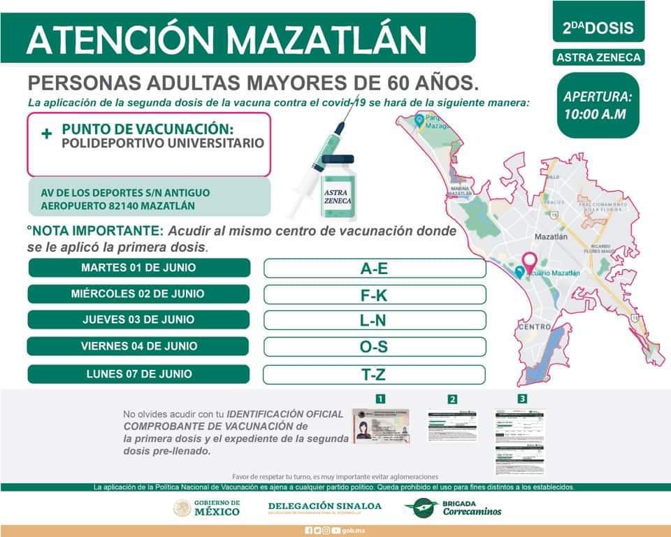 $!Mazatlán vacunará del 1 al 7 de junio a los adultos mayores de 60 años, con la segunda dosis de AstraZéneca
