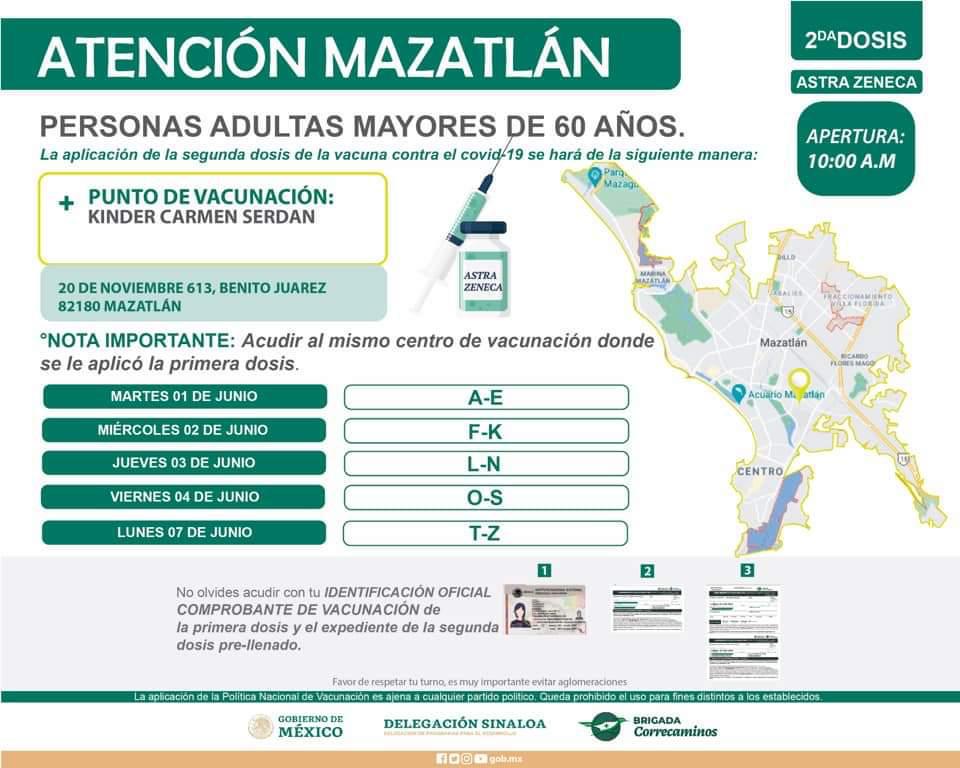 $!Mazatlán vacunará del 1 al 7 de junio a los adultos mayores de 60 años, con la segunda dosis de AstraZéneca