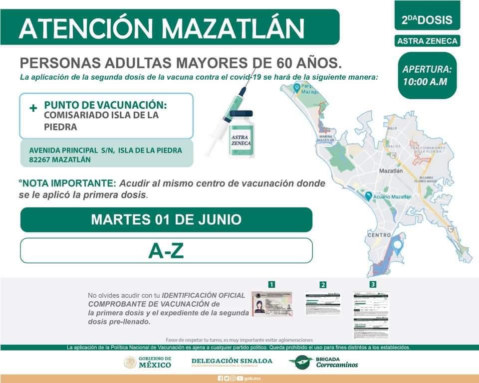 $!Mazatlán vacunará del 1 al 7 de junio a los adultos mayores de 60 años, con la segunda dosis de AstraZéneca