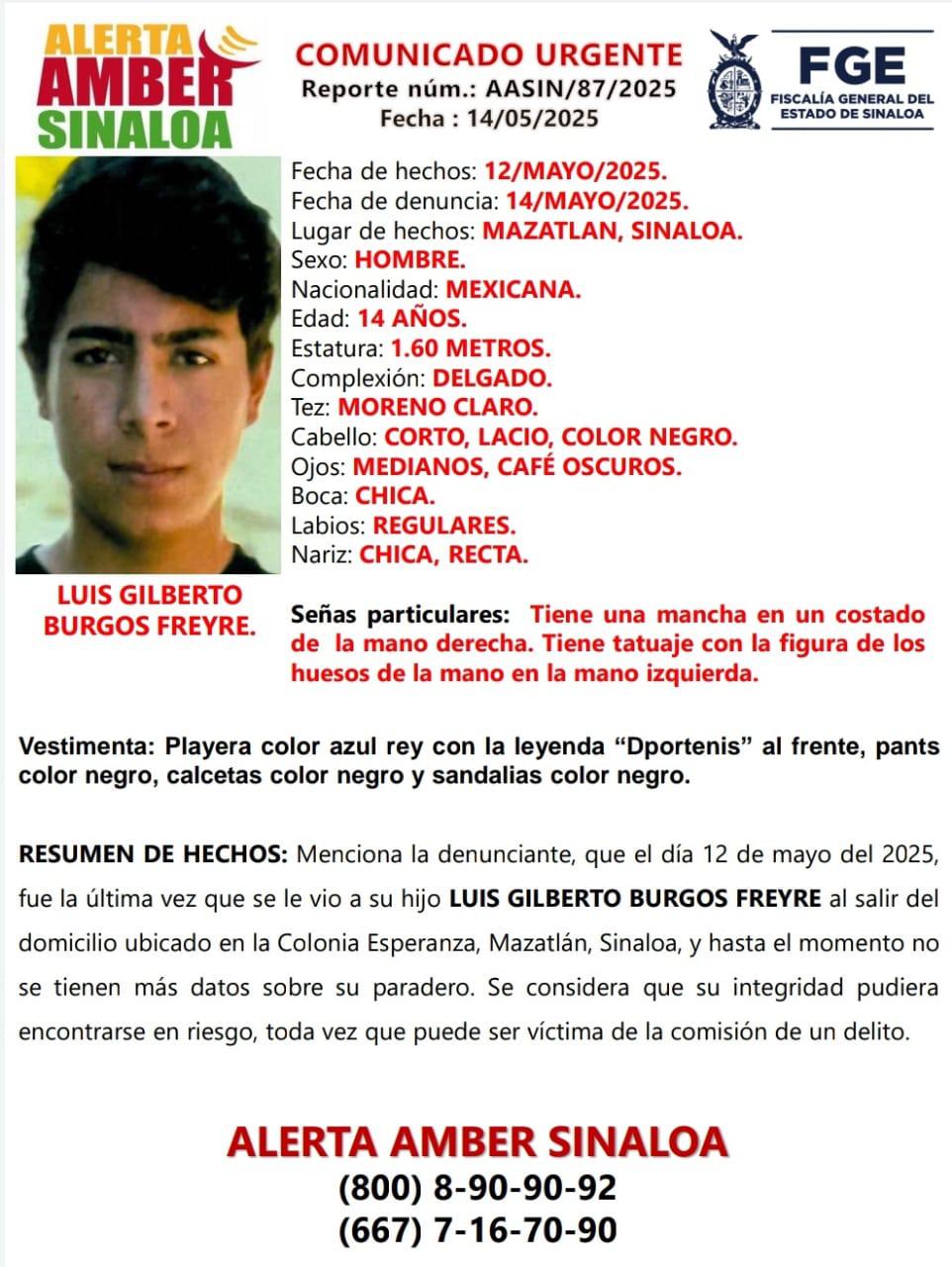 $!Desaparece Luis Gilberto, de 14 años, en la colonia Esperanza en Mazatlán