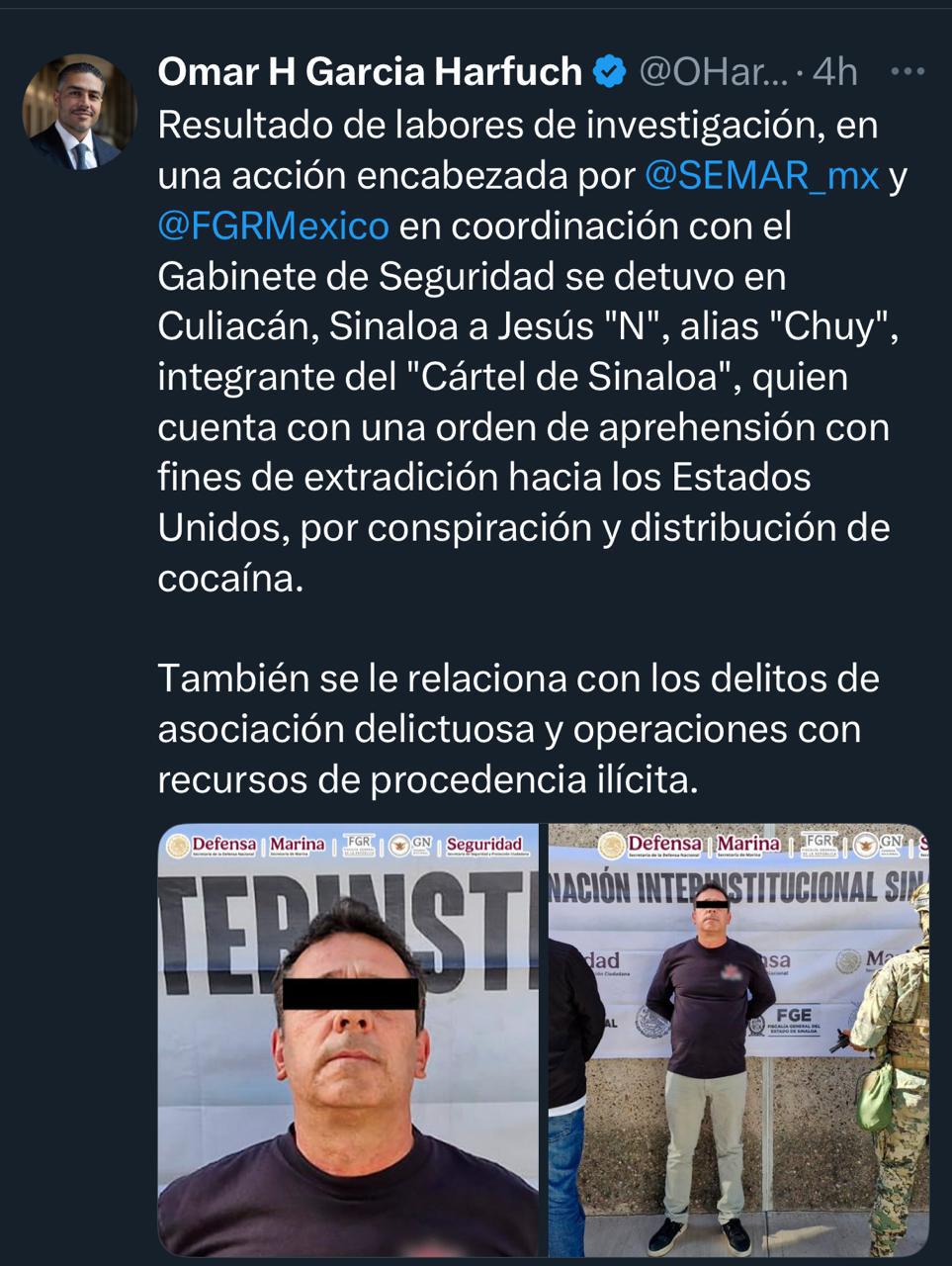 $!Reporta Gobierno federal detención del ‘Chuy’ o ‘El Narizón’ tras operativo en La Campiña en Culiacán