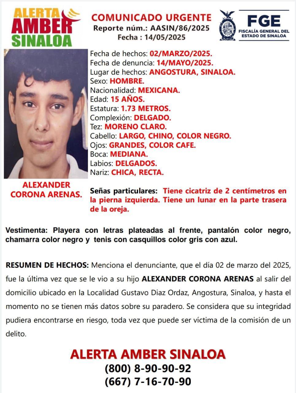 $!Activan Alerta Amber por desaparición de Alexander, de 15 años, en Angostura
