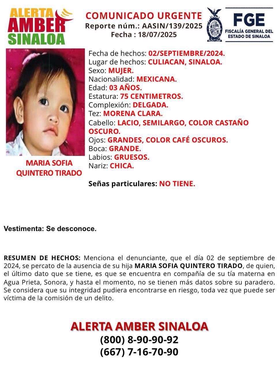 $!Activan Alerta Amber por desaparición de niña de 3 años en Culiacán