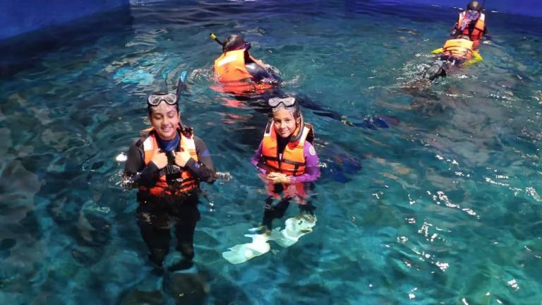 Las surfistas sinaloenses Alyz Lizárraga y Ella Gaxiola recorrieron el Gran Acuario Mazatlán y vivieron una experiencia de snorkel en reconocimiento a sus logros deportivos.