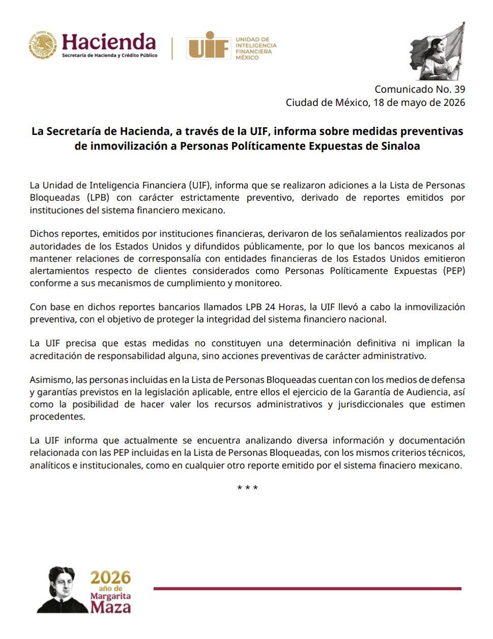 $!Confirma UIF bloqueo de cuentas bancarias con carácter preventivo a ex funcionarios de Sinaloa