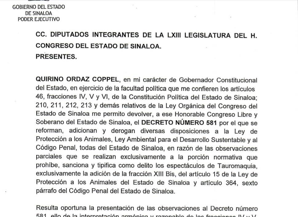 $!Quirino veta reforma animal que prohíbe y penaliza la tauromaquia en Sinaloa