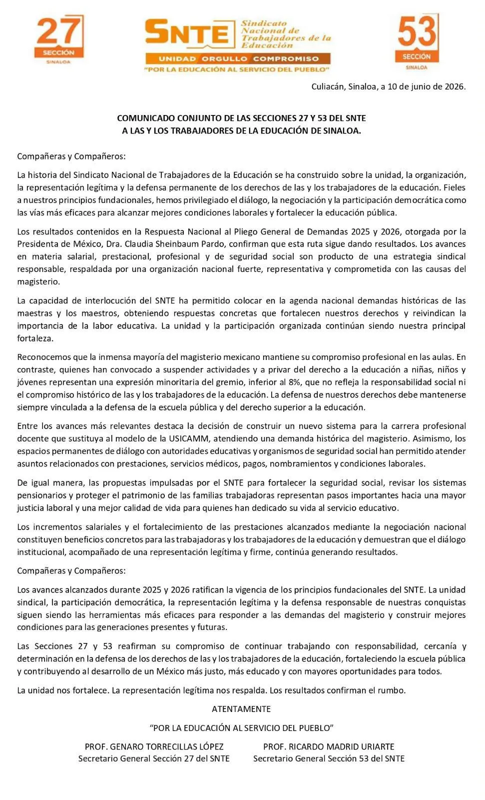 $!SNTE Sinaloa respalda diálogo institucional y rechaza paros que afecten la educación