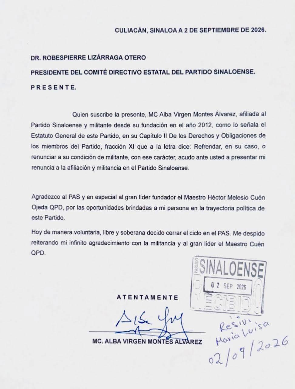 $!Renuncia Alba Virgen Montes al PAS tras 14 años de militancia