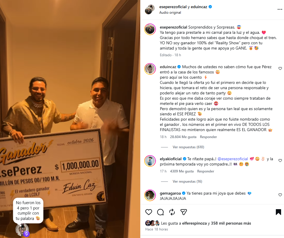 $!El vocalista de Grupo Firme llamó a Ese Pérez “el verdadero ganador” del reality show, en el que el influencer obtuvo el cuarto lugar.