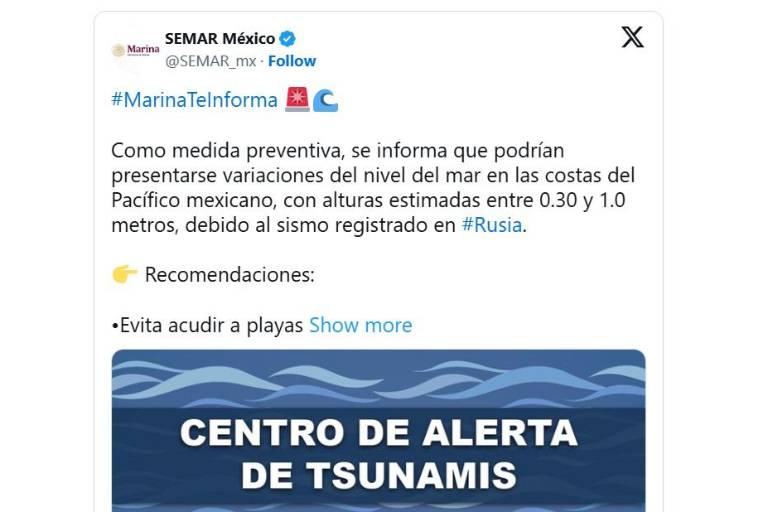 Semar emite alerta de variaciones del nivel del mar en las costas del Pacífico mexicano, tras terremoto en Rusia