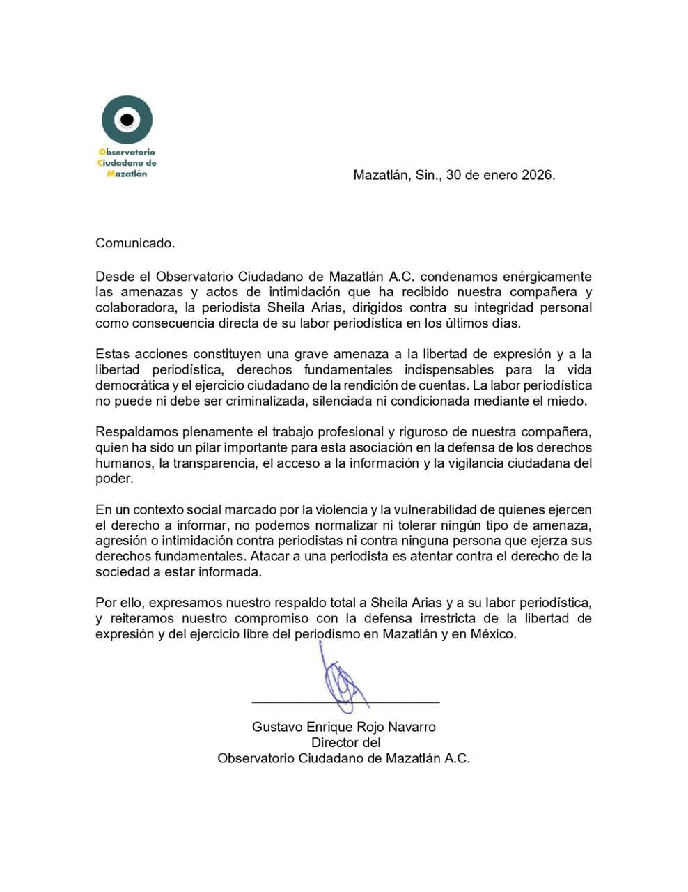 $!Condena Observatorio Ciudadano de Mazatlán amenazas e intimidaciones contra periodista