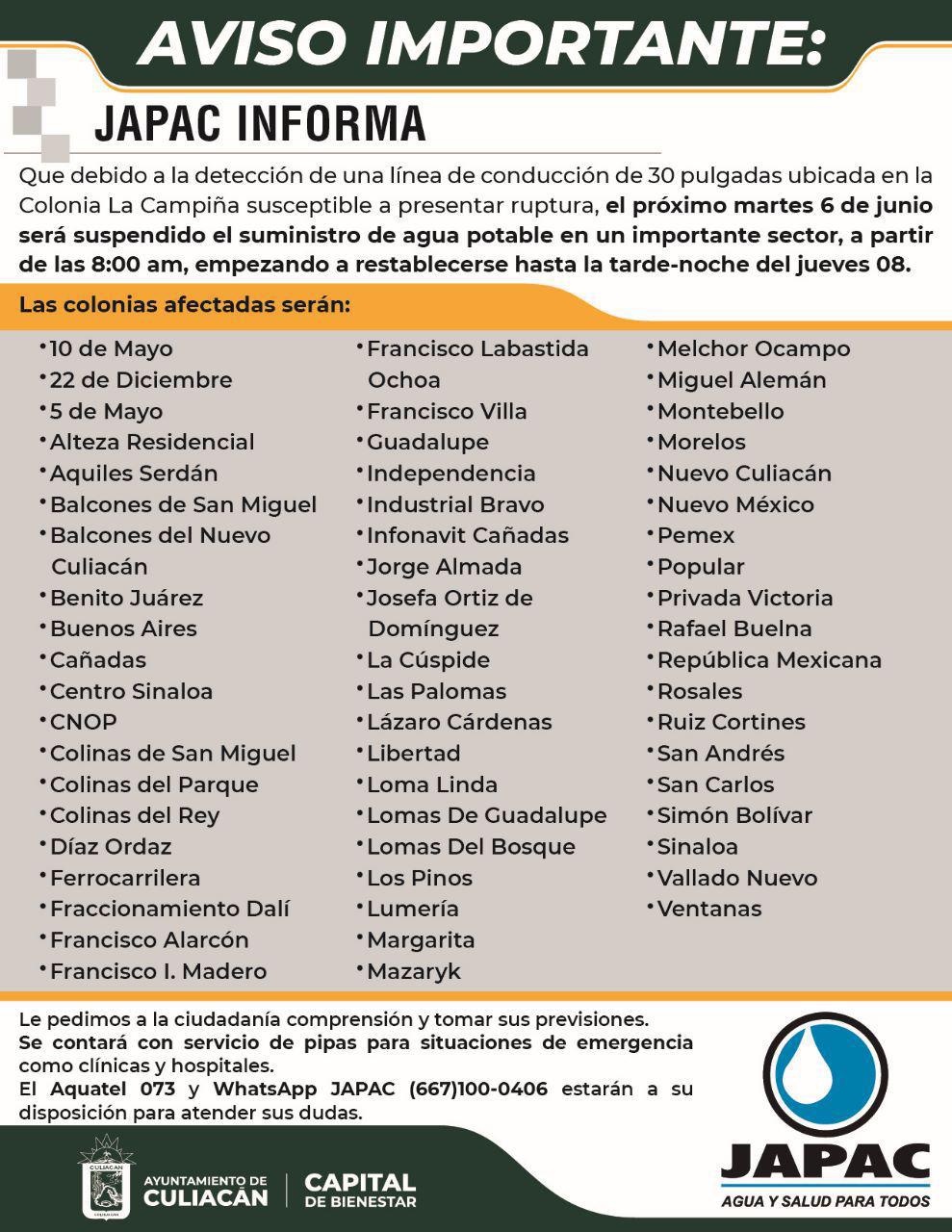 $!Estas colonias de Culiacán no tendrán agua el 6 de junio, anuncia Japac