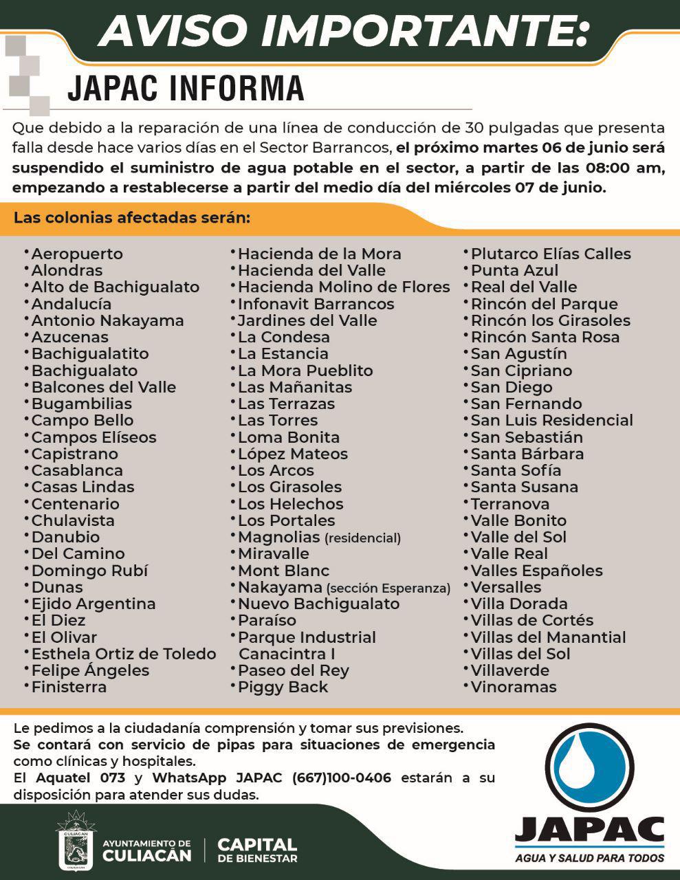 $!Estas colonias de Culiacán no tendrán agua el 6 de junio, anuncia Japac