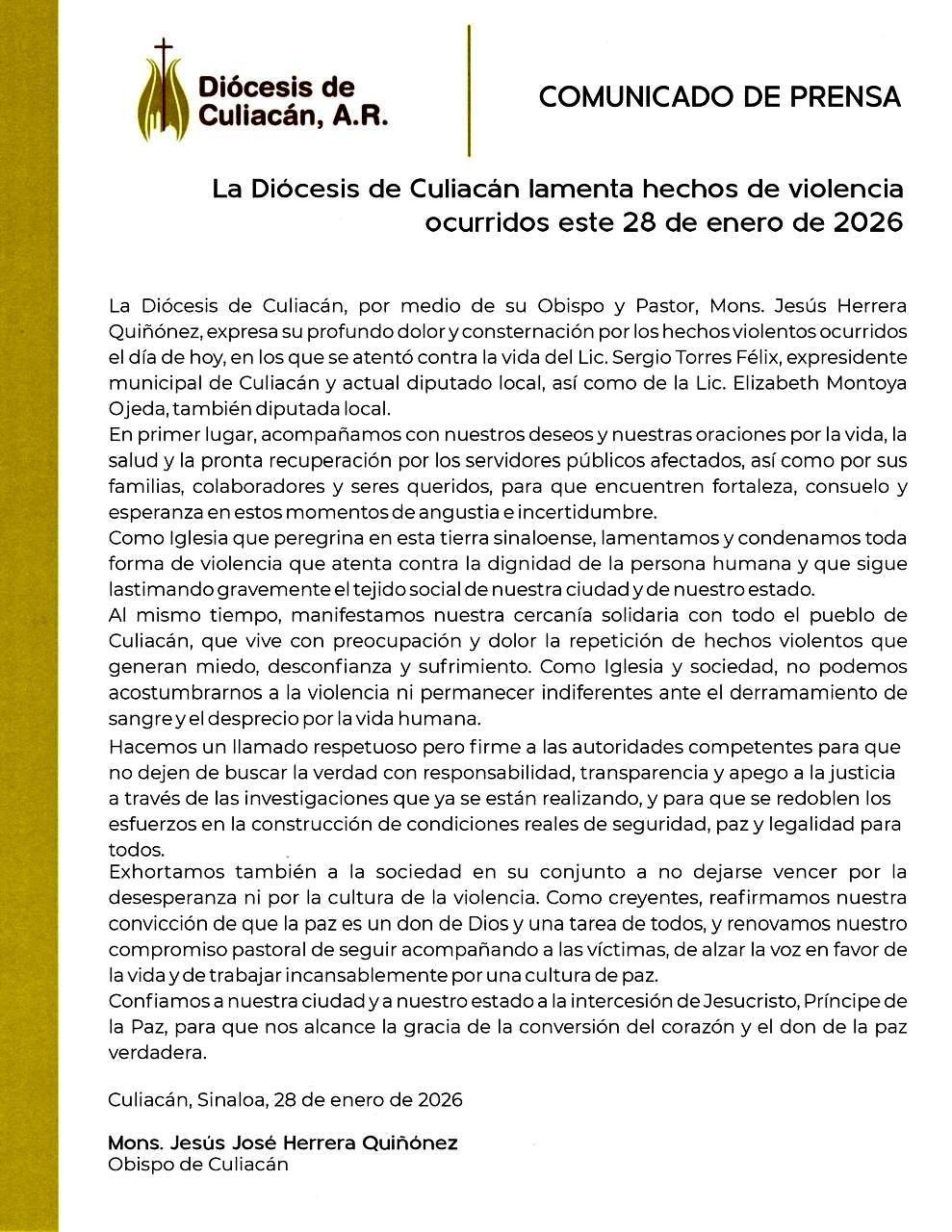$!Diócesis de Culiacán condena atentados contra diputados y llama a frenar la violencia