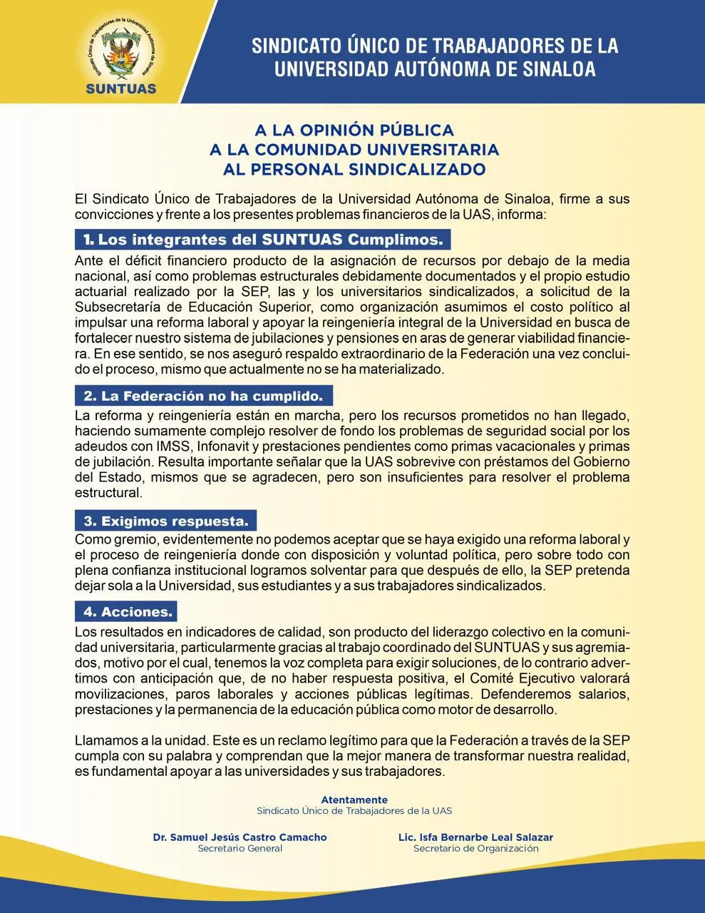 $!SUNTUAS advierte paros si la SEP no entrega apoyo financiero a la UAS