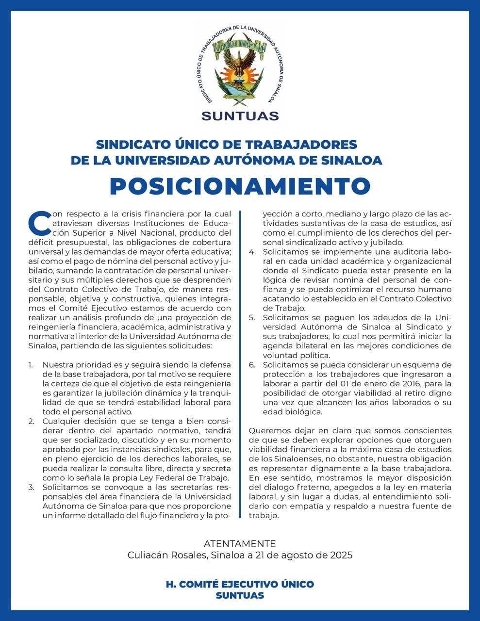 $!Suntuas propone reingeniería financiera ante crisis en la UAS