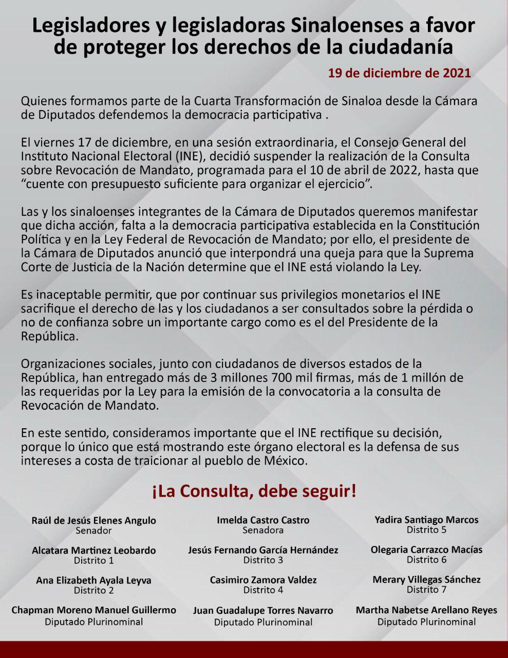 $!Legisladores sinaloenses se manifiestan contra aplazo a consulta de revocación de mandato