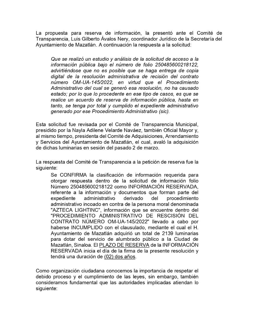 $!Reserva Gobierno de Mazatlán por dos años rescisión de contrato de luminarias con Azteca Lighting
