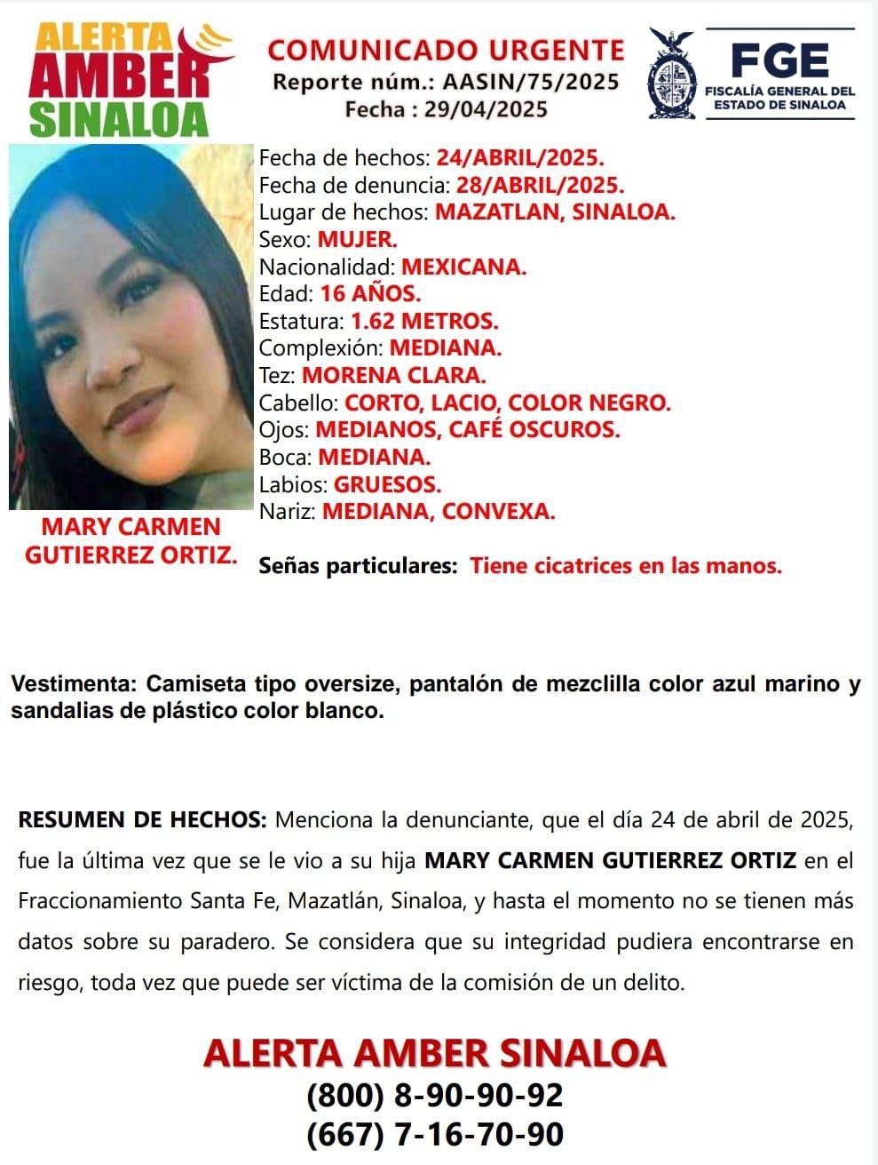 $!En Mazatlán activan Alerta Amber por desaparición de Mary Carmen