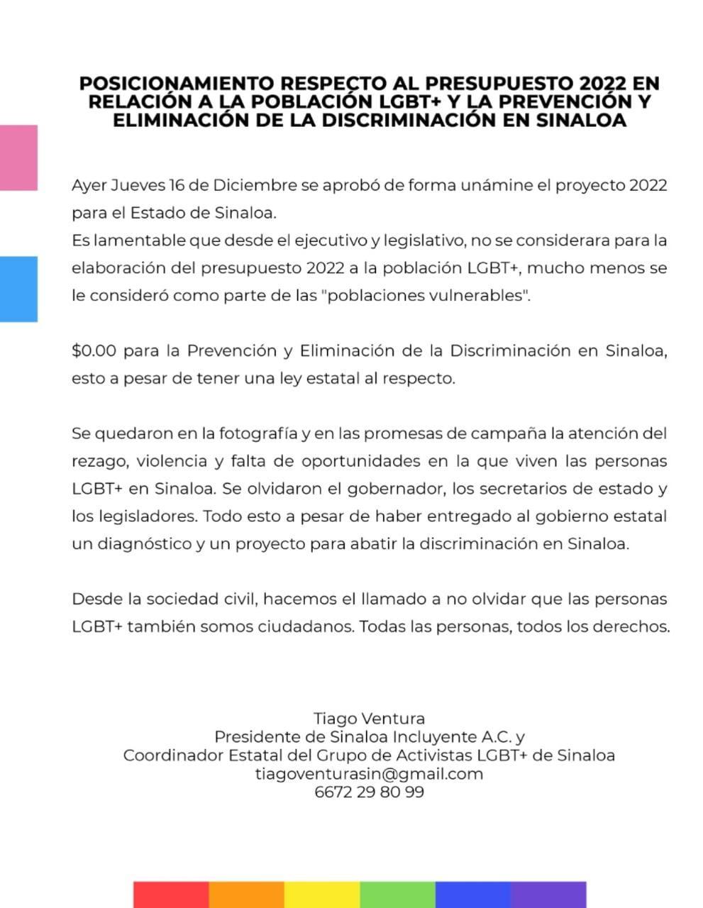 $!Lamentan activistas LGBT+ no ser considerados dentro del presupuesto estatal para el 2022