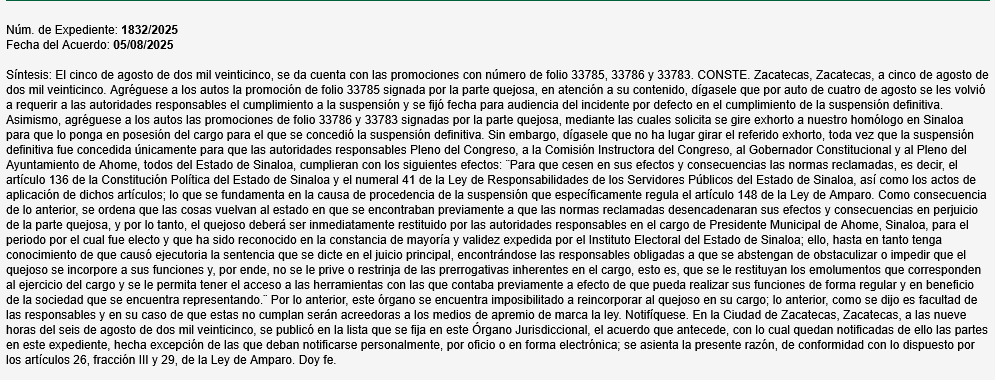 $!Juzgado de Zacatecas aclara que no tiene facultad para restituir en el cargo al Alcalde de Ahome