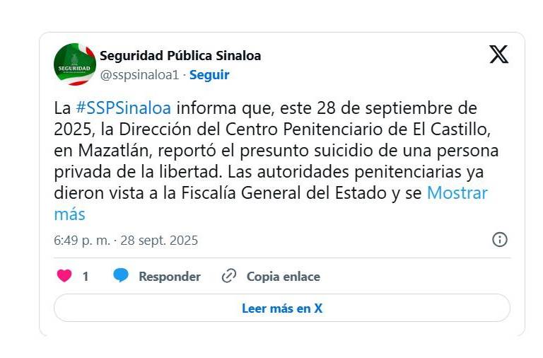 La SSP Sinaloa informa sobre el deceso de un reo en el penal de Mazatlán