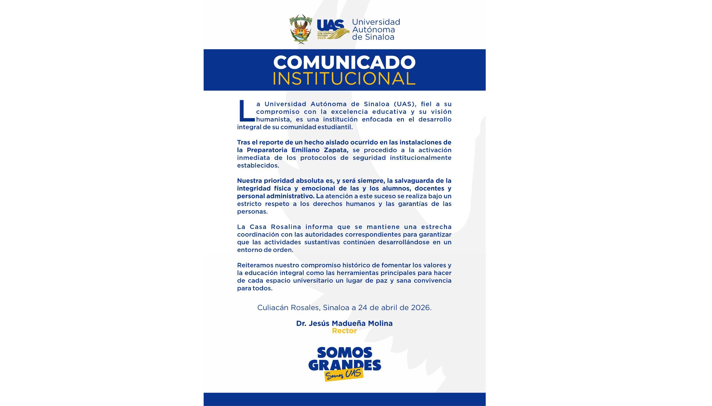 UAS activa protocolos de seguridad tras amenaza en prepa Emiliano Zapata