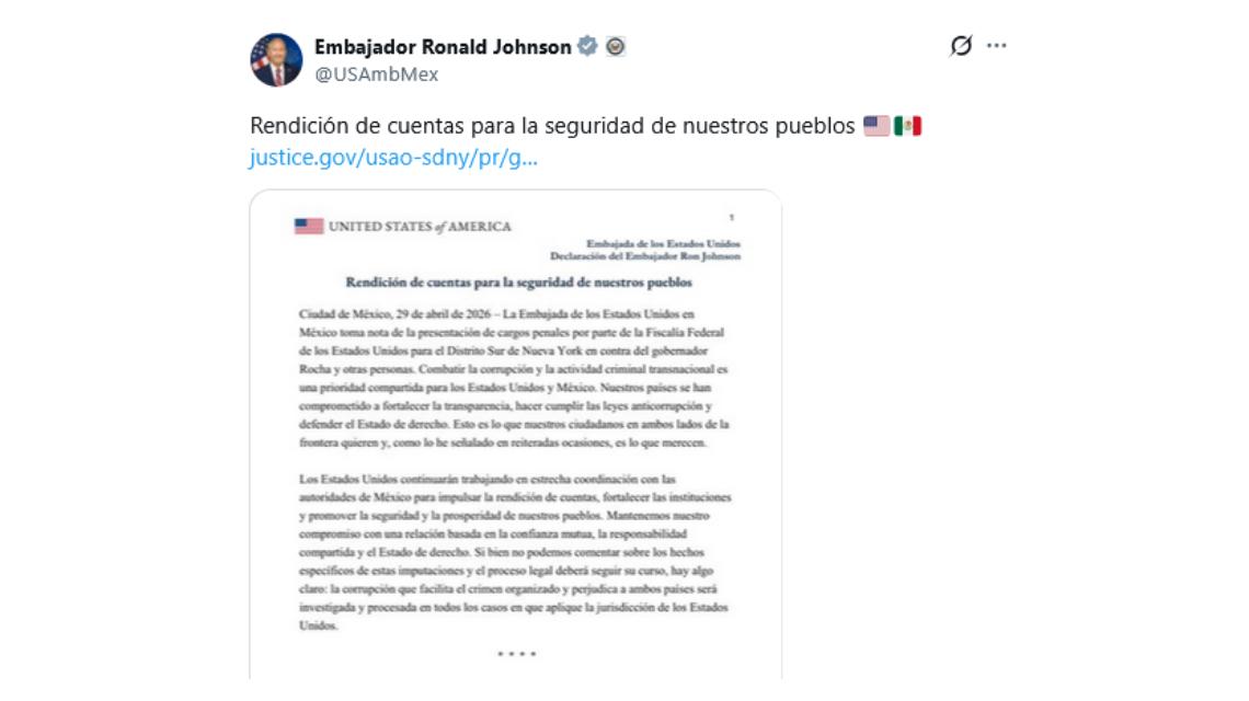 Embajador de EU respalda acusación contra Gobernador Rocha Moya y exige rendición de cuentas