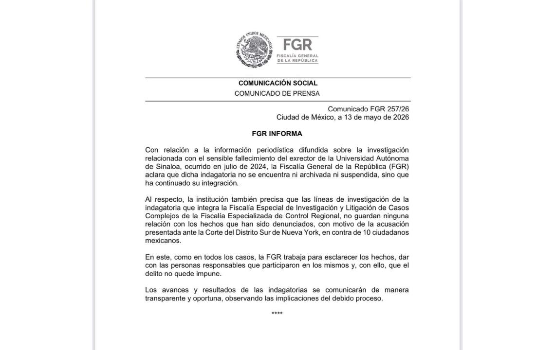 Aclara FGR que investigación de muerte de Cuén no ha sido ni archivada ni suspendida