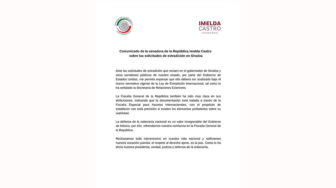 Imelda Castro pide analizar solicitudes de extradición conforme a la ley y rechaza injerencismo