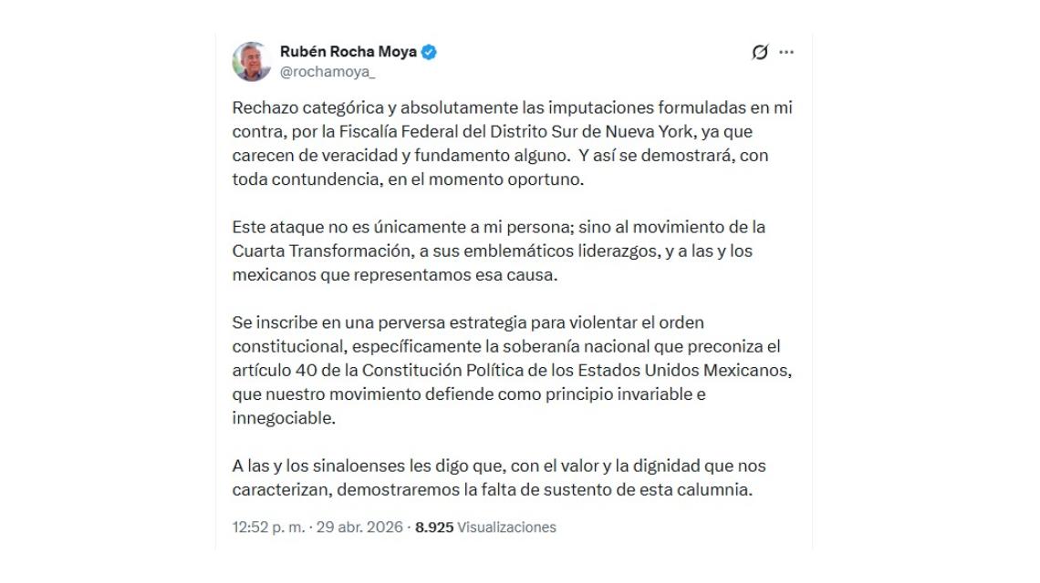 Es una calumnia, responde Rocha a EU