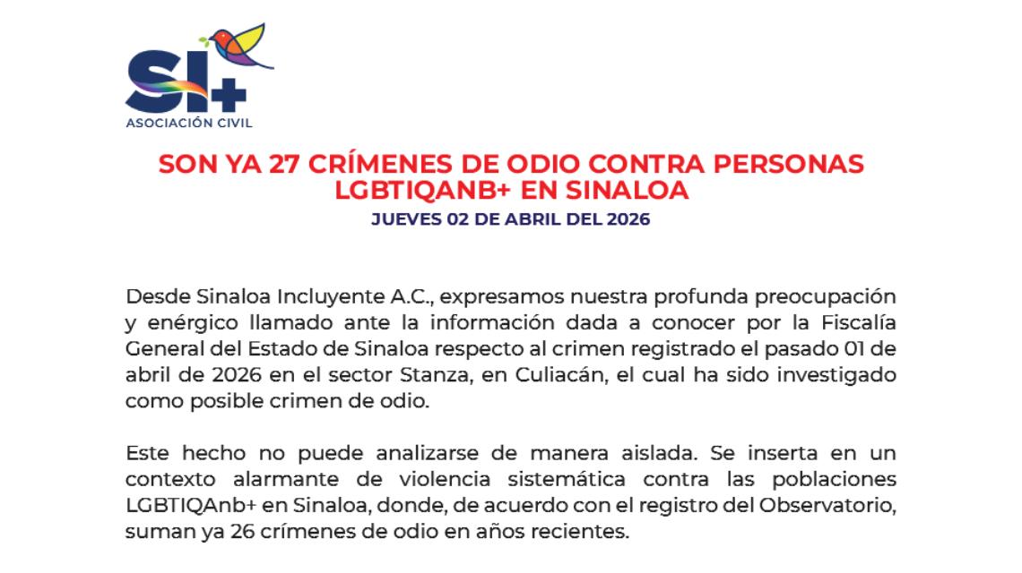 Suman 27 crímenes de odio contra personas LGBTIQANB+ en Sinaloa