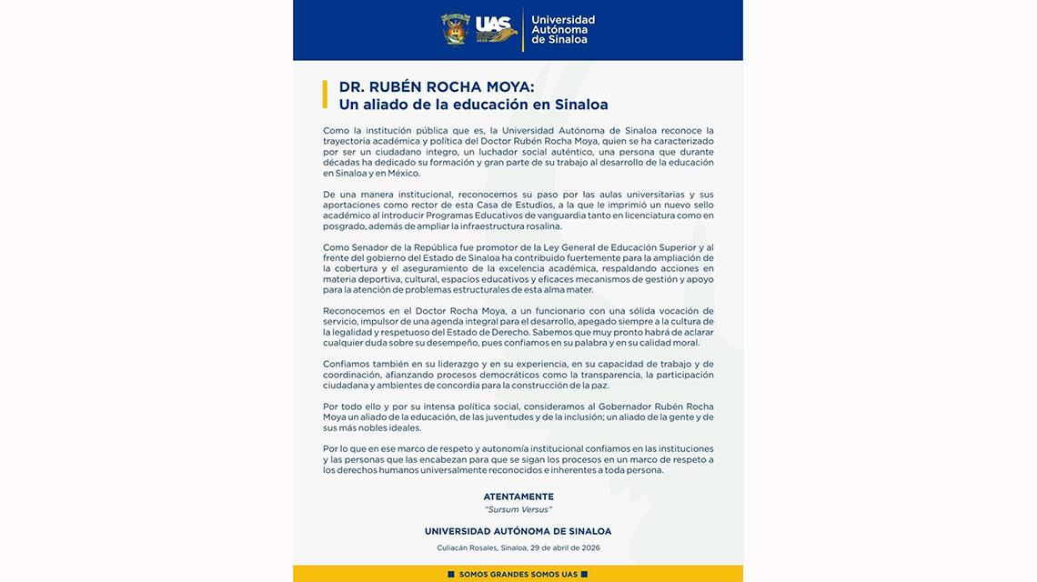 UAS respalda a Rocha Moya ante acusaciones por tráfico de drogas y colaboración con el Cártel de Sinaloa