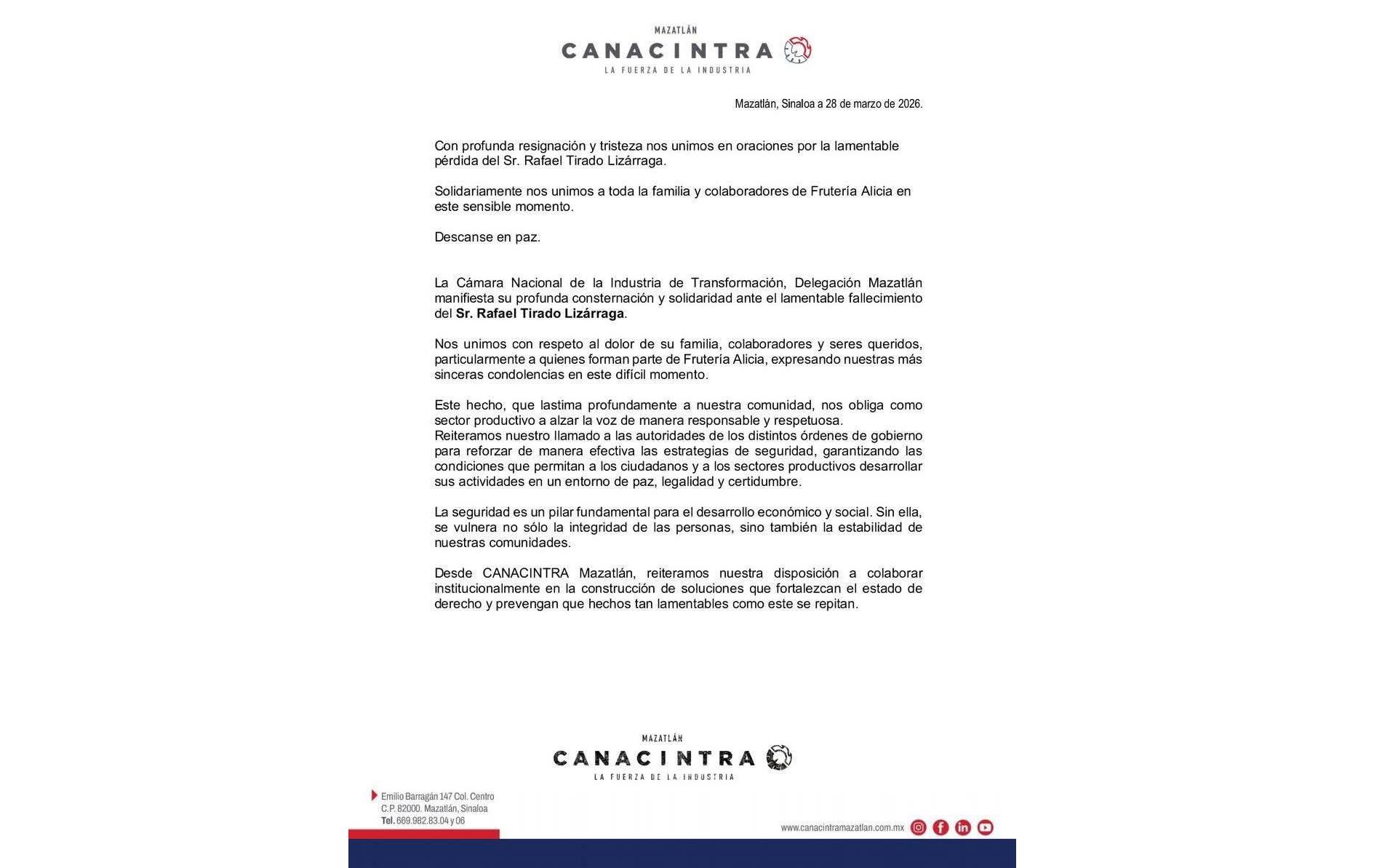 Condena Canacintra muerte de empresario privado de la libertad en Mazatlán