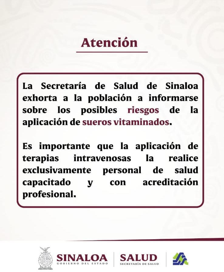 Salud Sinaloa exhorta a informarse sobre riesgos en la aplicación de sueros vitaminados